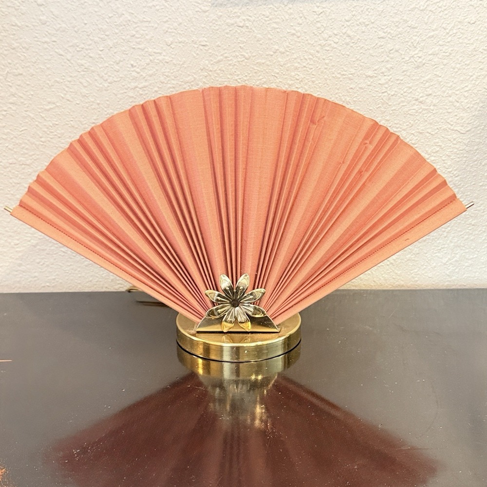 VTG Accordion Folding Fan Table Lamp Pink Coral Mid Century Hollywood Regency